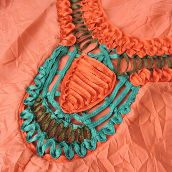 Nanette Lepore gorgeous crinkle silk coral red green embellished blouse top 0 - Picture 6 of 9